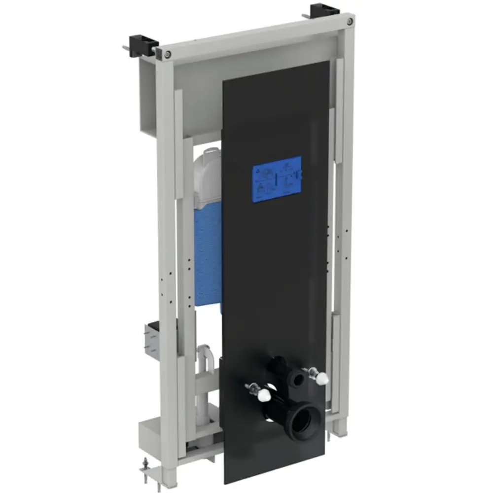 WC-Element von Ideal Standard, montiert in einem Rahmen, mit einem schwarzen Frontpanel und Anschlüssen für Sanitärinstallationen sichtbar.